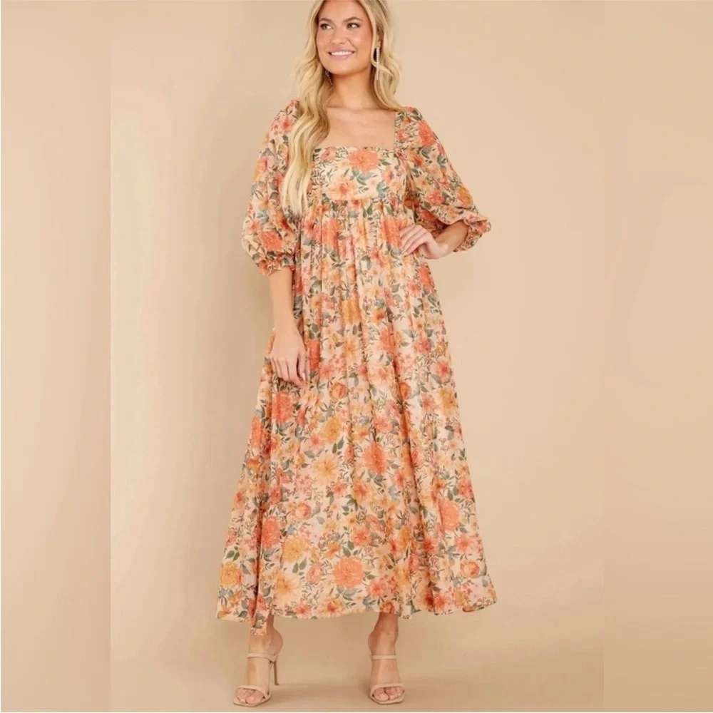 Morning Lavender Women’s Orange Floral Puff Sleeve Baby DollMaxi Dress Size 1XL - Picture 6 of 14